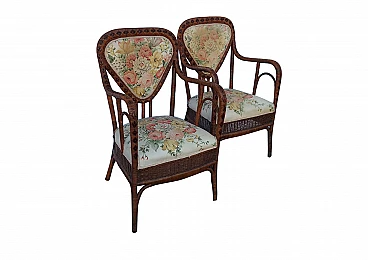 Pair of wicker and fabric armchairs by Magazzini Marchesini, 1950s