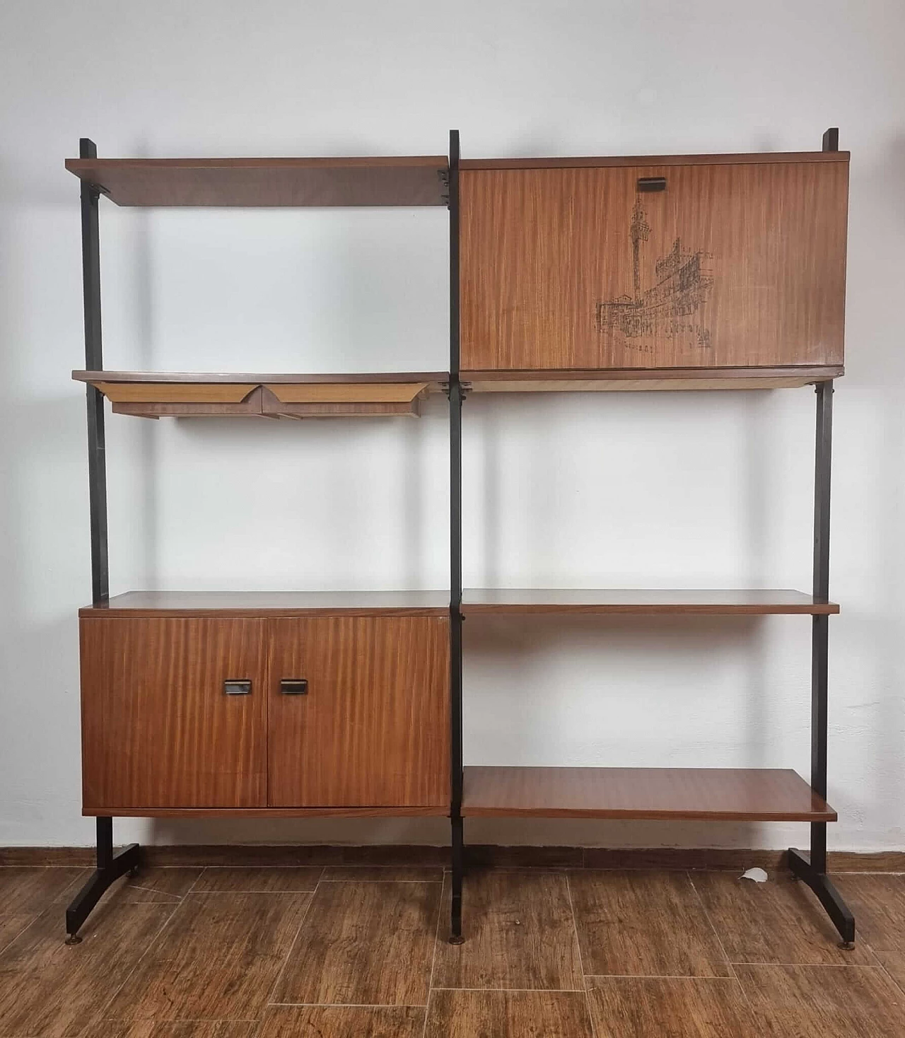 Libreria in metallo nero e legno, anni '60 1381286