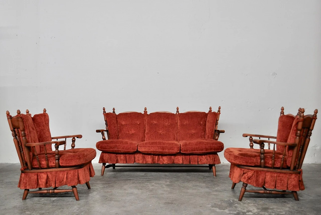Coppia di poltrone e divano con dondolo in faggio e ciniglia, anni '70 1381312