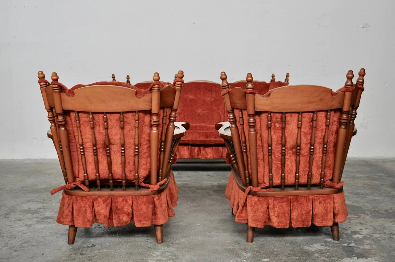 Coppia di poltrone e divano con dondolo in faggio e ciniglia, anni '70 1381313