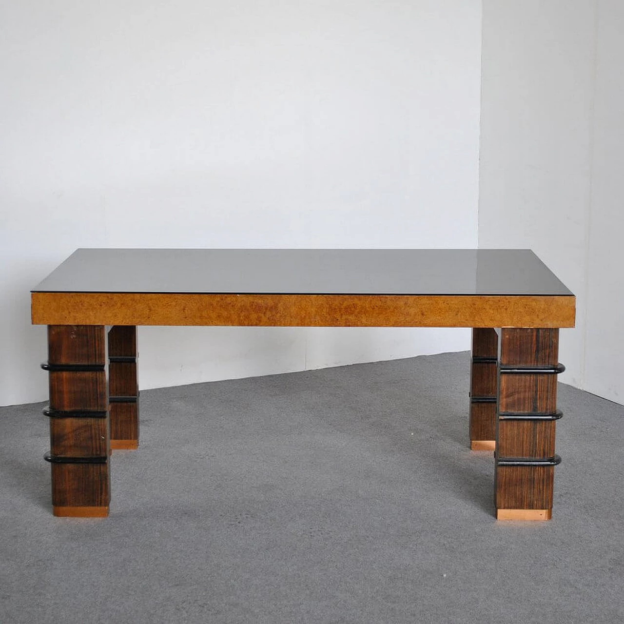 Art Deco table with black glass top and copper feet, 1930s 1381469