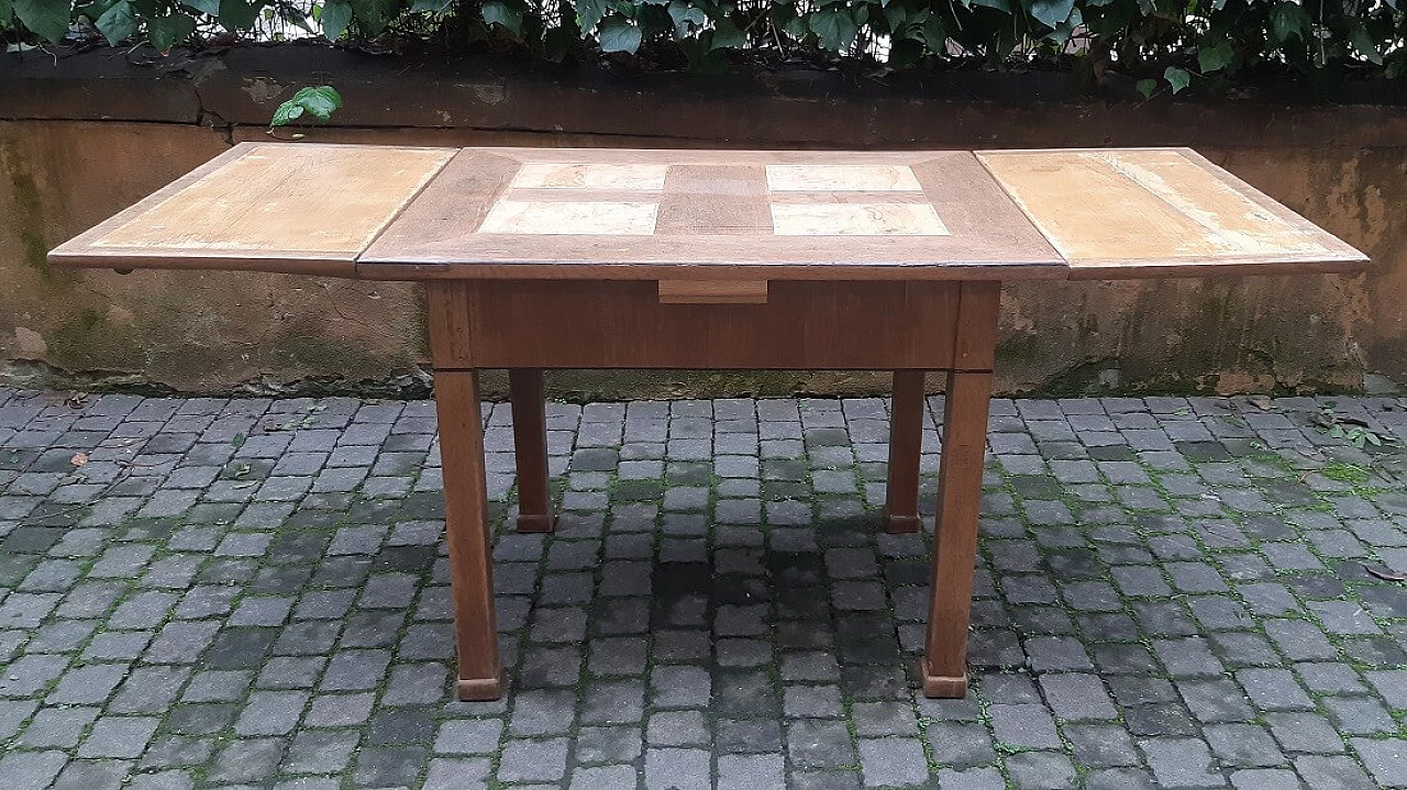 Tavolo allungabile in rovere con riquadri in radica di olmo, '800 1381628