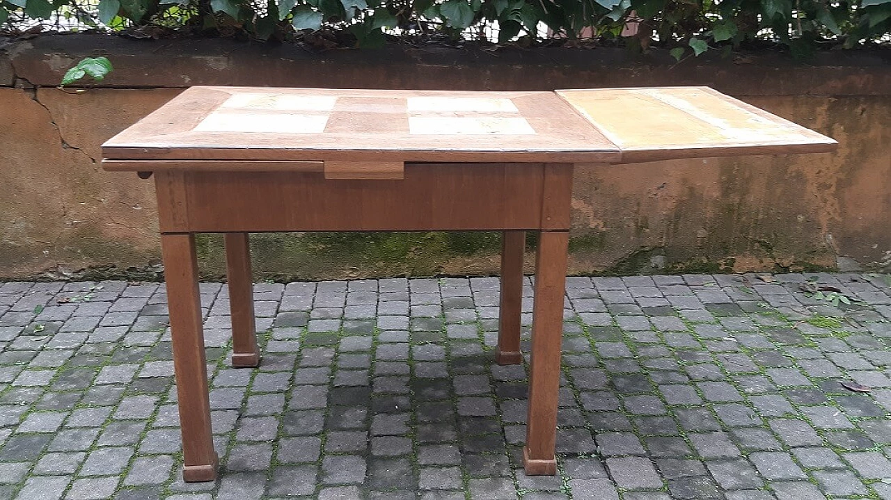 Tavolo allungabile in rovere con riquadri in radica di olmo, '800 1381629