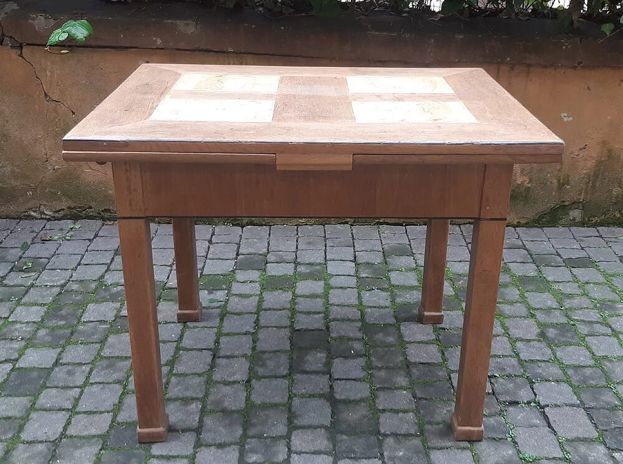 Tavolo allungabile in rovere con riquadri in radica di olmo, '800 1381631