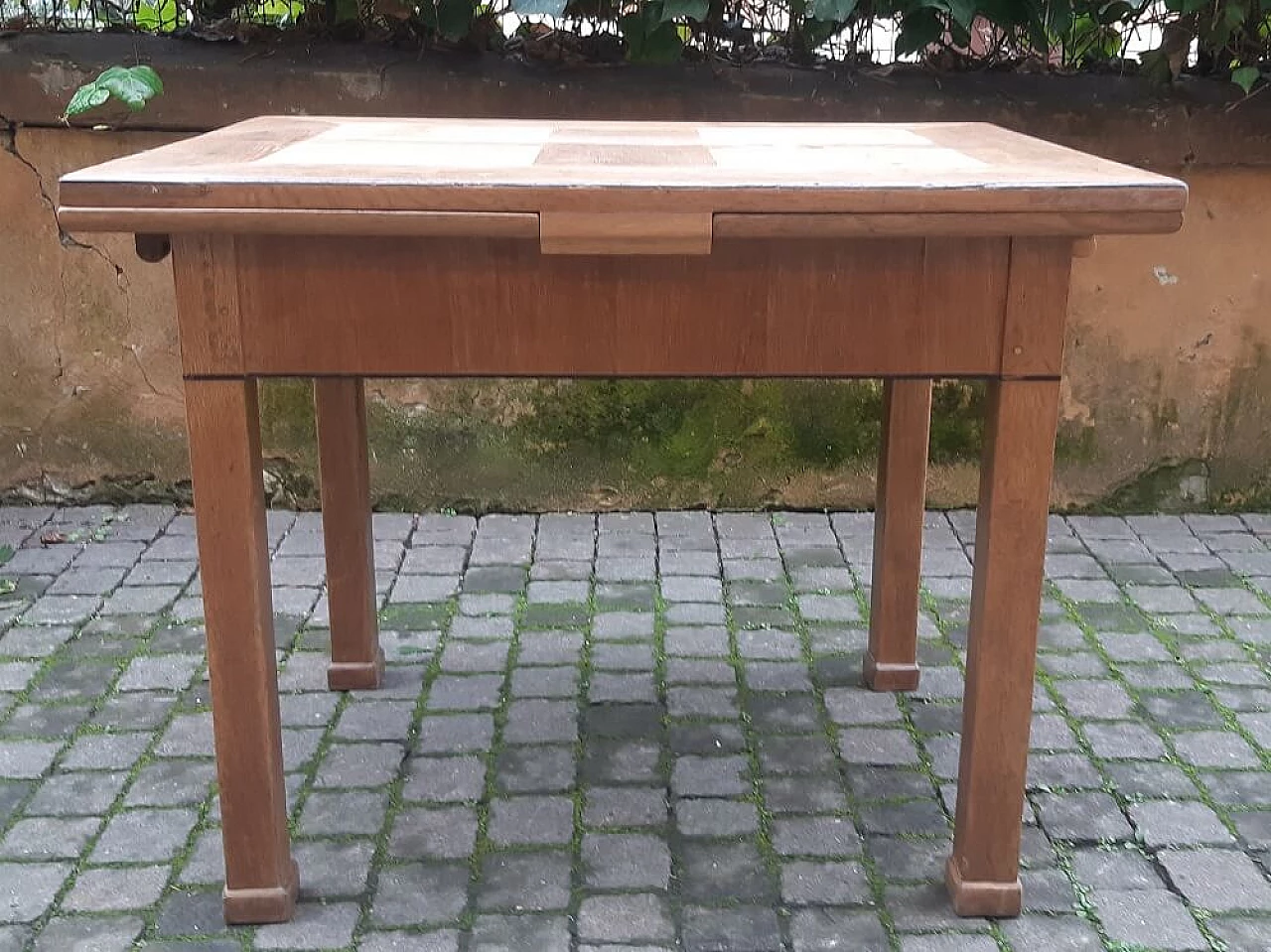 Tavolo allungabile in rovere con riquadri in radica di olmo, '800 1381632