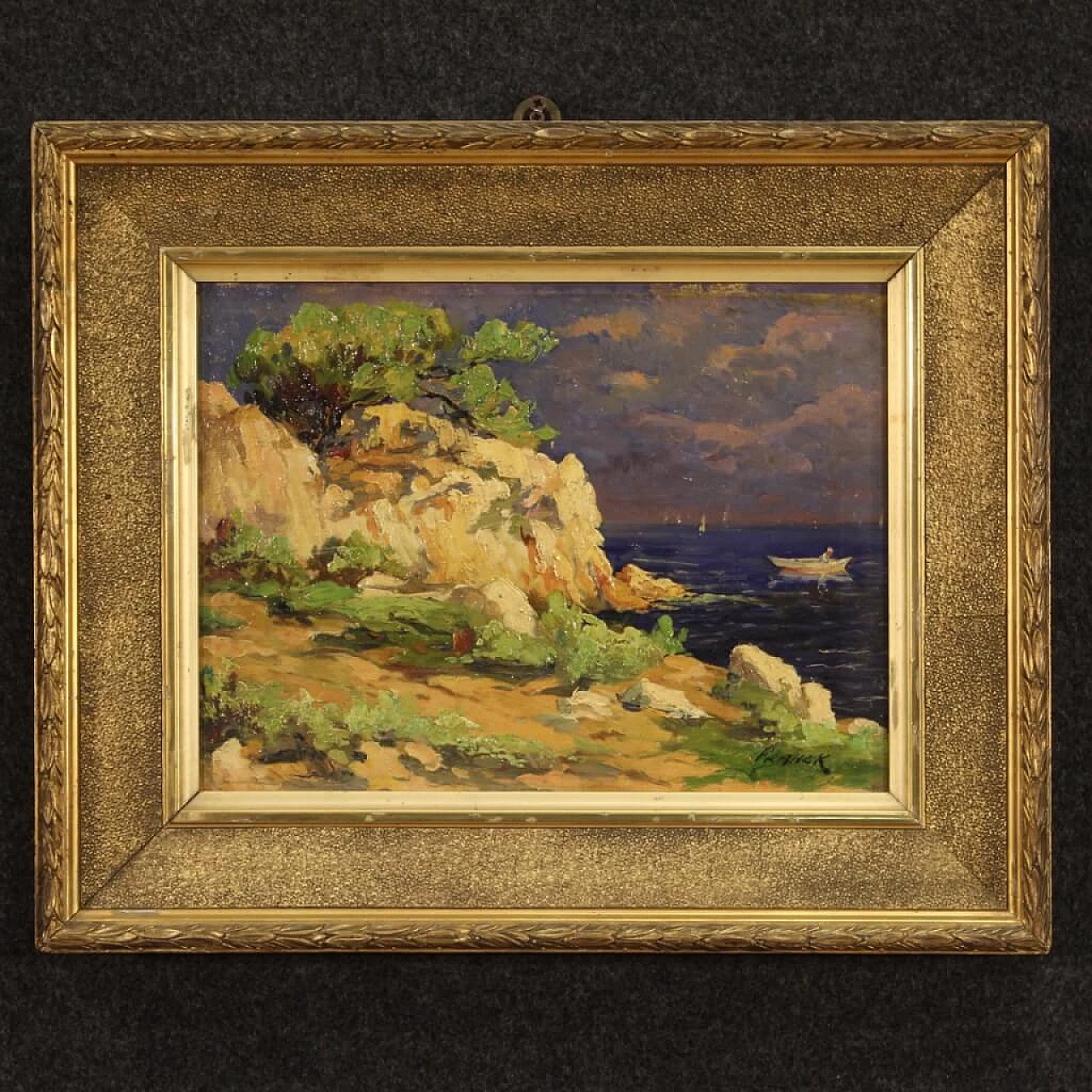 Cliff with boats, French oil painting on cardboard, early 20th century 1381835