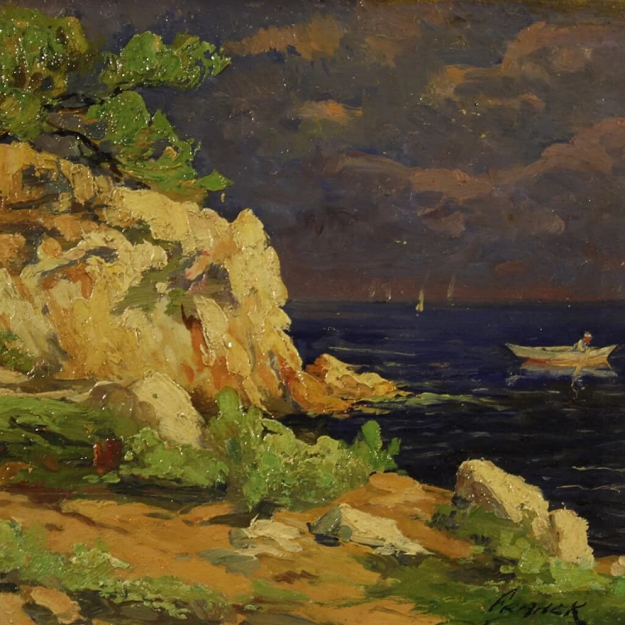 Cliff with boats, French oil painting on cardboard, early 20th century 1381836