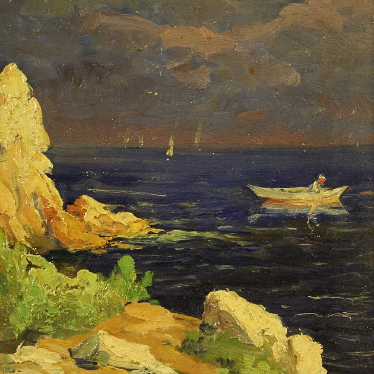 Cliff with boats, French oil painting on cardboard, early 20th century 1381839