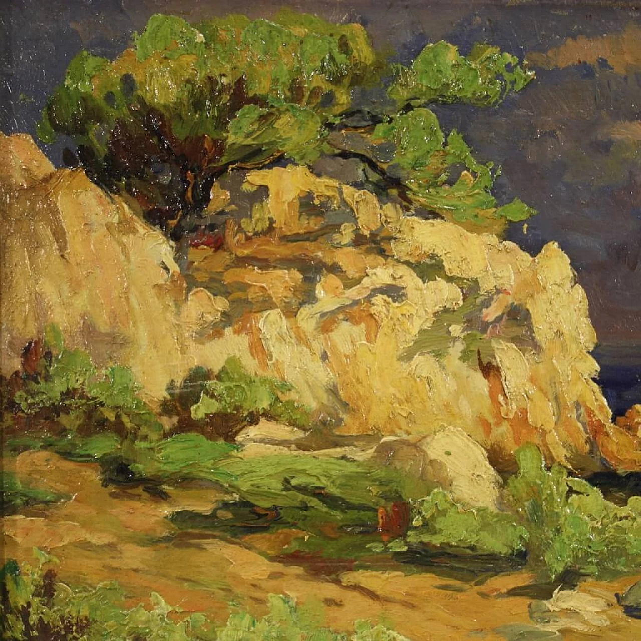 Cliff with boats, French oil painting on cardboard, early 20th century 1381840