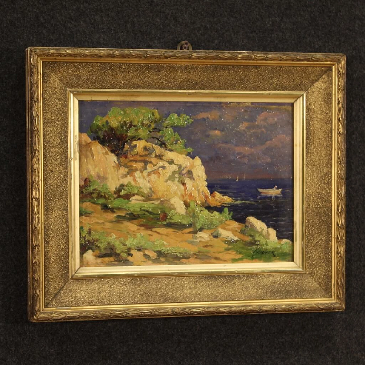 Cliff with boats, French oil painting on cardboard, early 20th century 1381841