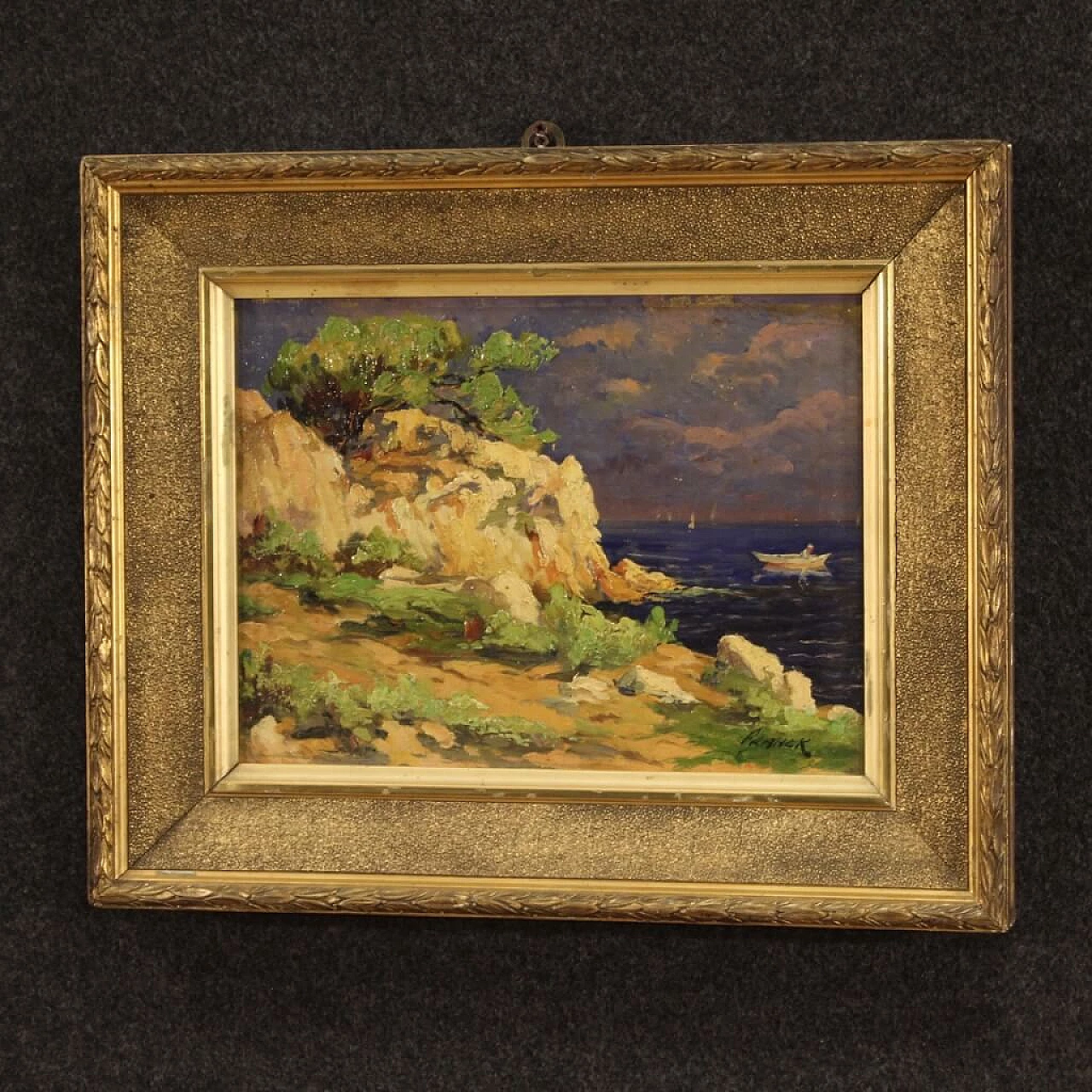 Cliff with boats, French oil painting on cardboard, early 20th century 1381842