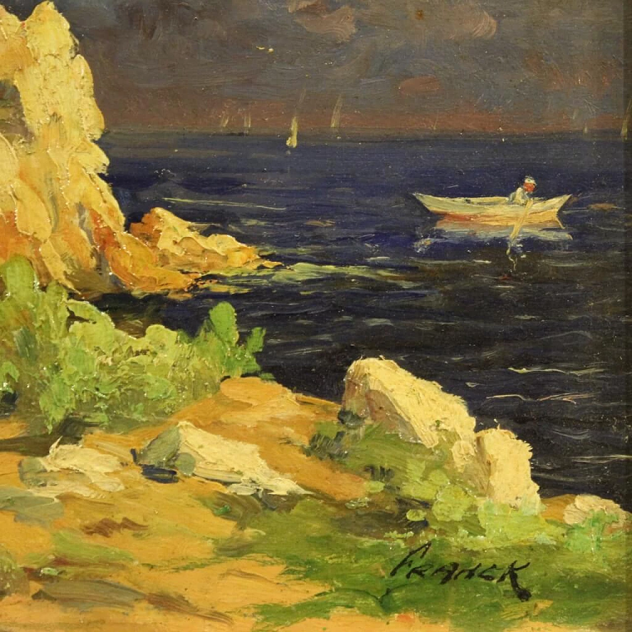 Cliff with boats, French oil painting on cardboard, early 20th century 1381843