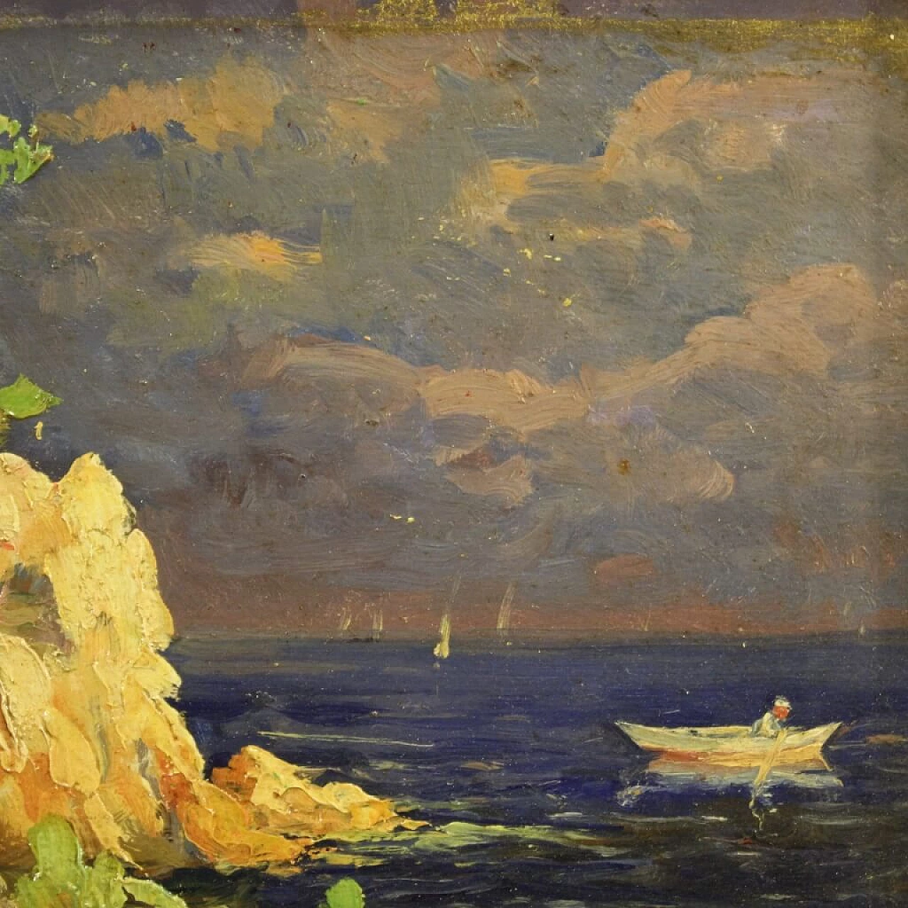 Cliff with boats, French oil painting on cardboard, early 20th century 1381844