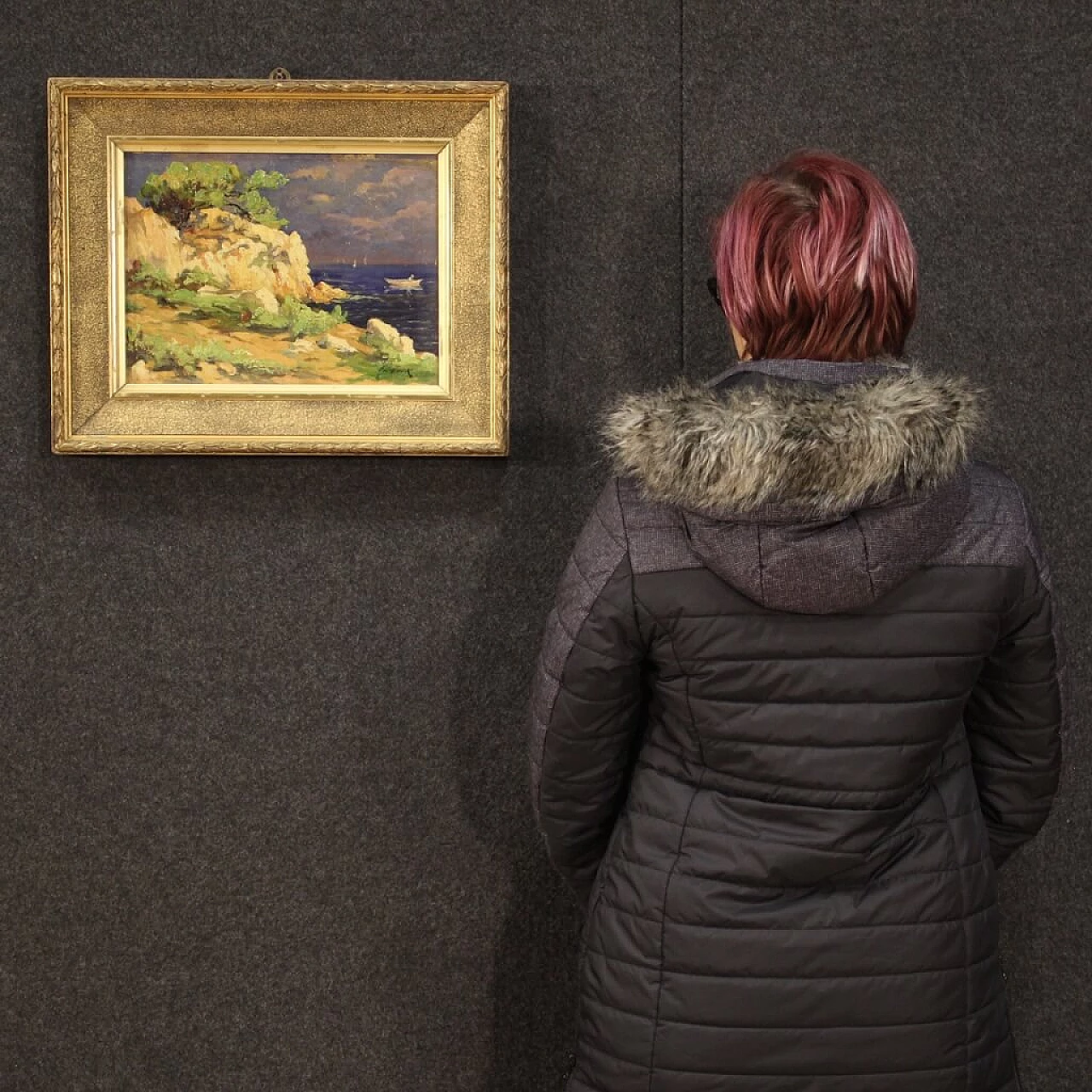 Cliff with boats, French oil painting on cardboard, early 20th century 1381845