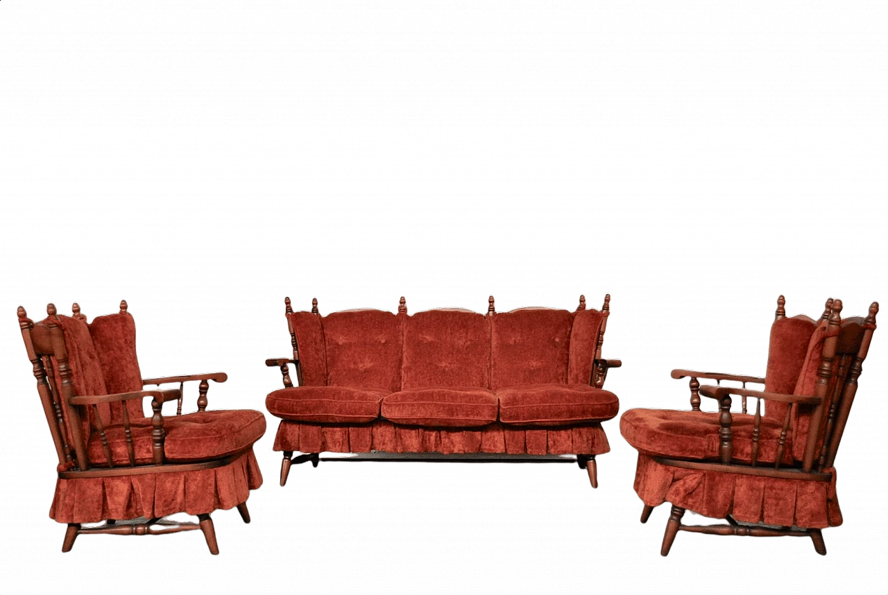 Coppia di poltrone e divano con dondolo in faggio e ciniglia, anni '70 1381968