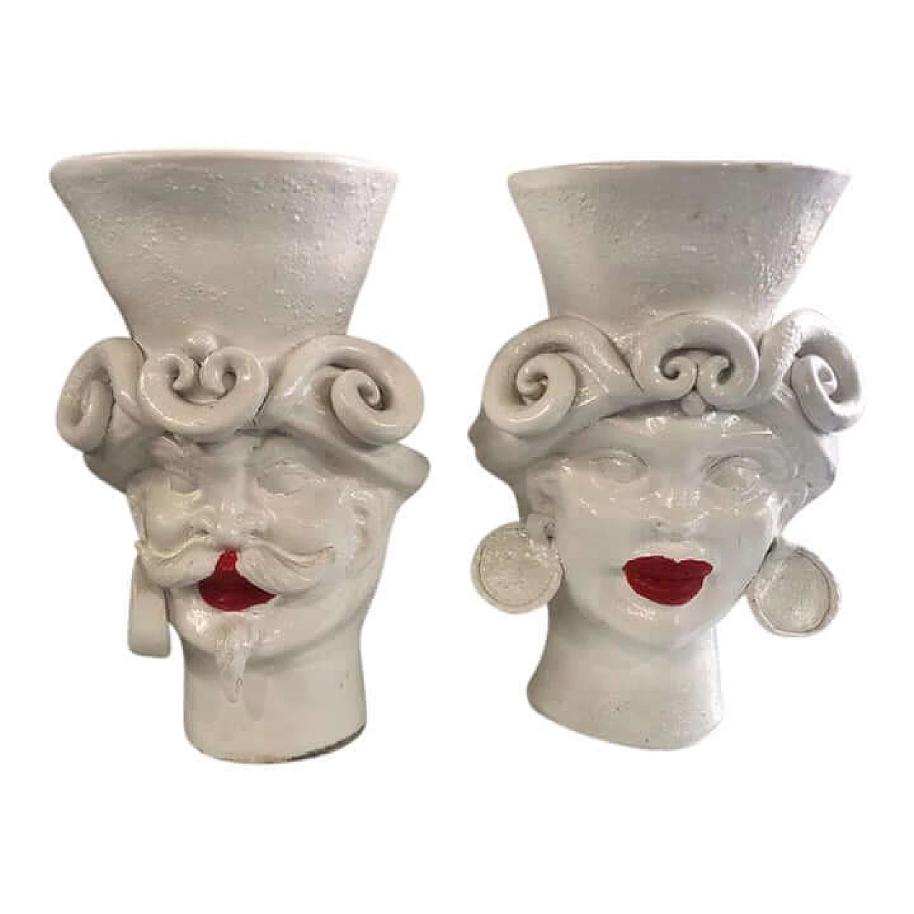 Pair of Sicilian vases with hand-painted terracotta heads of Suleiman and Roxelana, 1960s 1381982