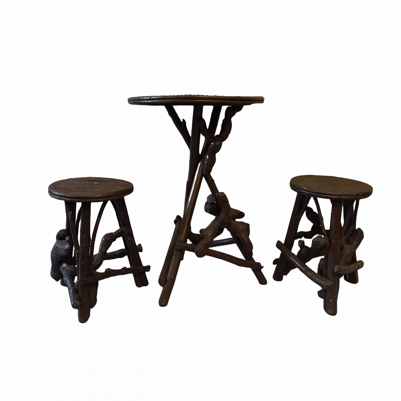 Tavolino e coppia di sgabelli in legno e bambù, anni '30 1382080
