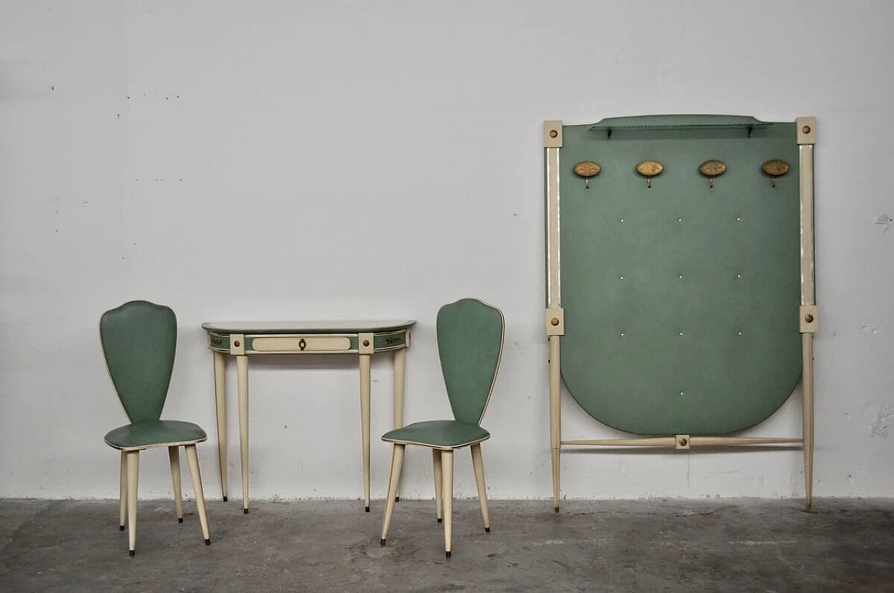 Coppia di sedie con consolle e appendiabiti in legno, tessuto e ferro di Umberto Mascagni, anni '60 1382422