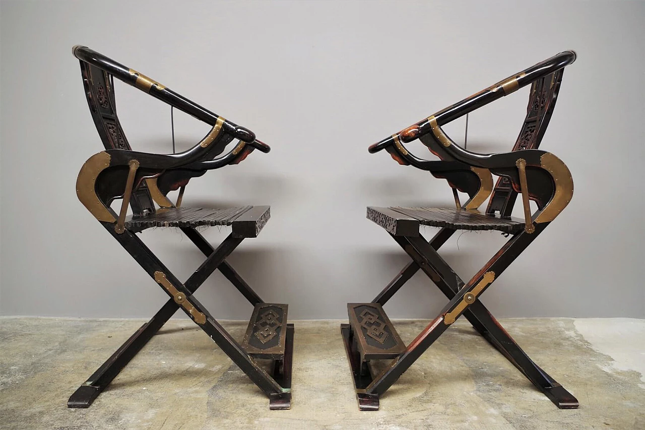 Pair of folding chairs in wood and brass by Ming, 20s 1382461
