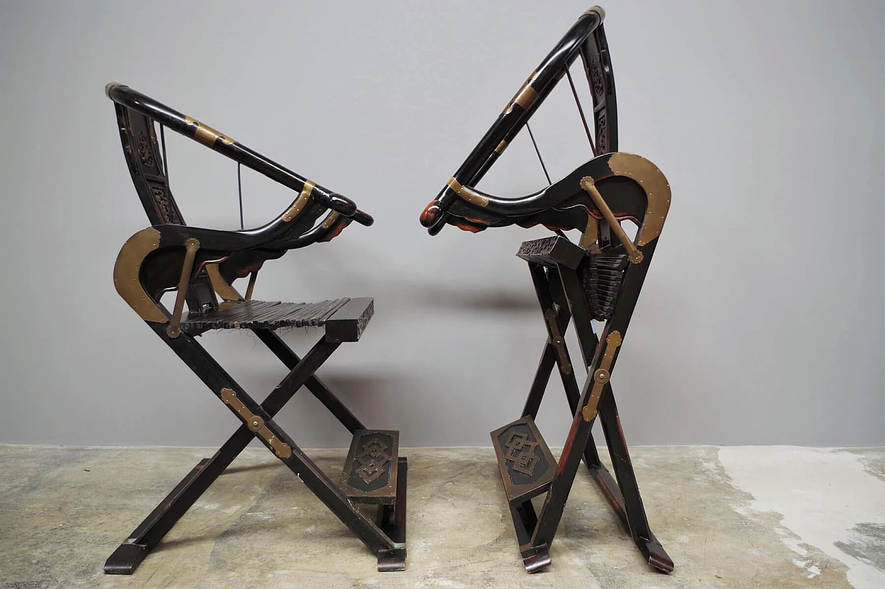 Pair of folding chairs in wood and brass by Ming, 20s 1382462