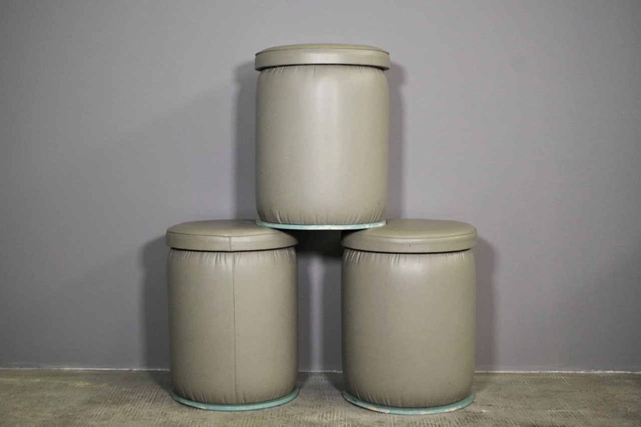 3 Pouf in plywood and leatherette, 80s 1382491