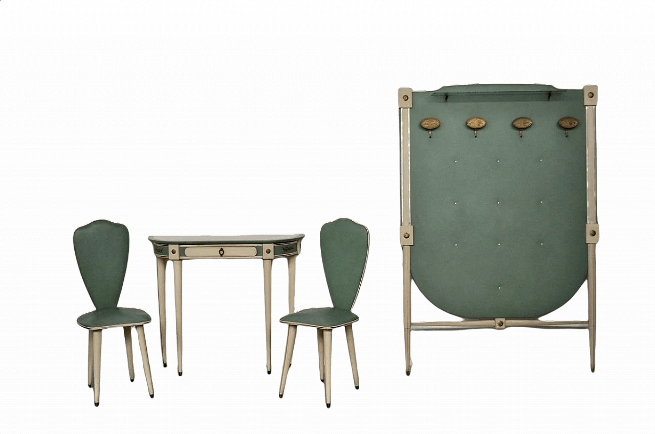 Pair of chairs with console and coat rack in wood, fabric and iron by Umberto Mascagni, 60s 1382575