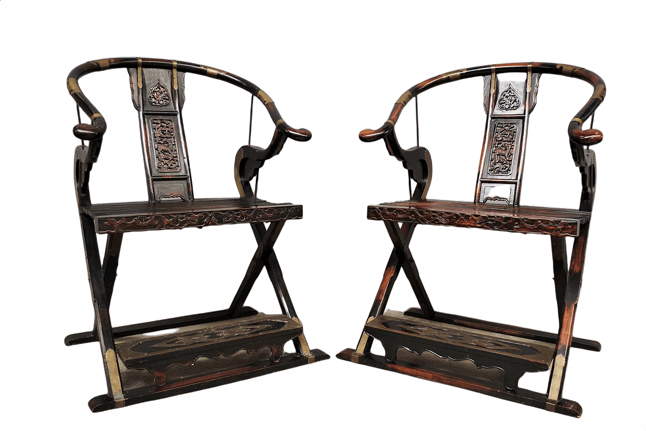 Pair of folding chairs in wood and brass by Ming, 20s 1382578