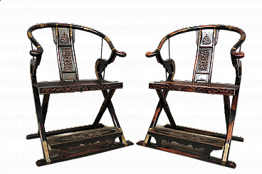 Pair of folding chairs in wood and brass by Ming, 20s