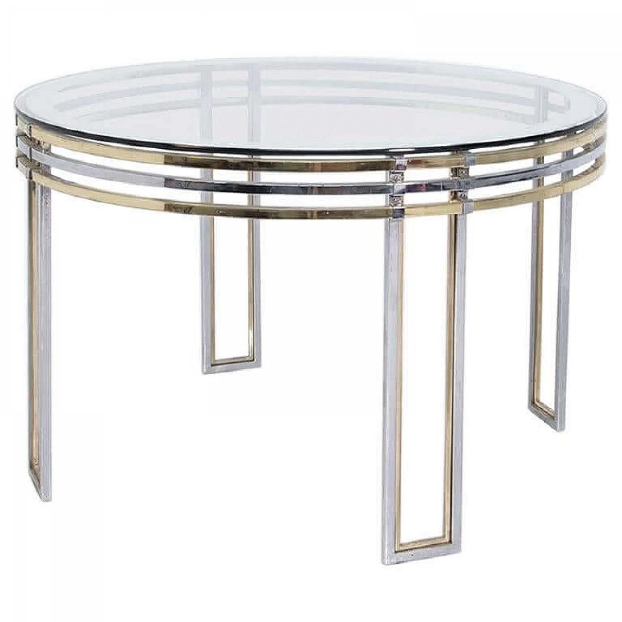 Romeo Rega's round dining table in brass, steel and decorated glass, 1970s 1382584