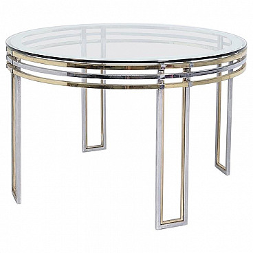 Romeo Rega's round dining table in brass, steel and decorated glass, 1970s