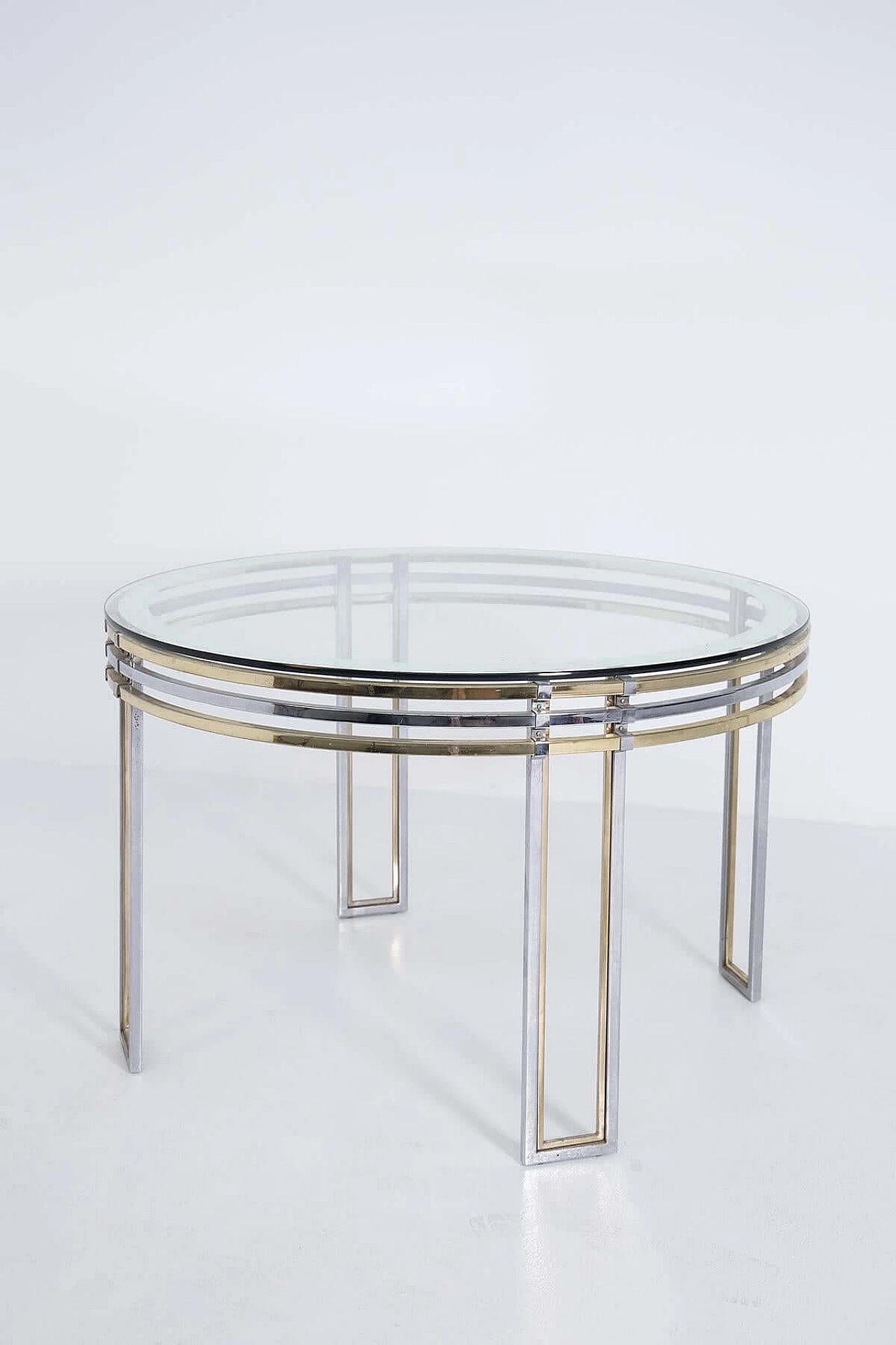 Romeo Rega's round dining table in brass, steel and decorated glass, 1970s 1382585
