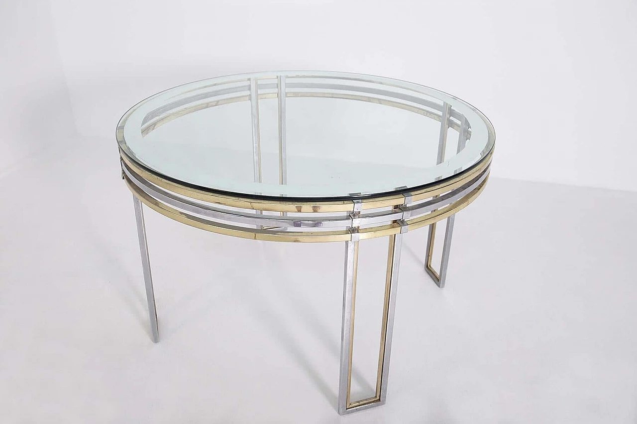 Romeo Rega's round dining table in brass, steel and decorated glass, 1970s 1382587