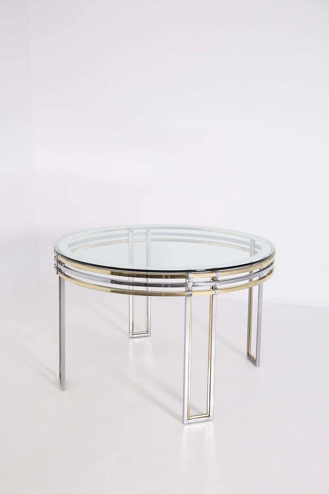 Romeo Rega's round dining table in brass, steel and decorated glass, 1970s 1382588