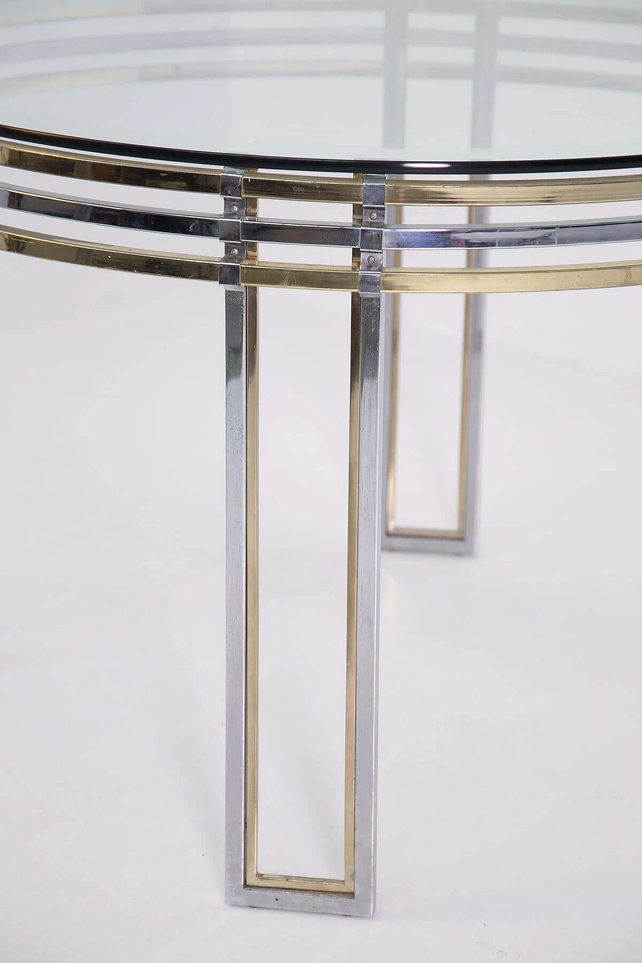 Romeo Rega's round dining table in brass, steel and decorated glass, 1970s 1382589