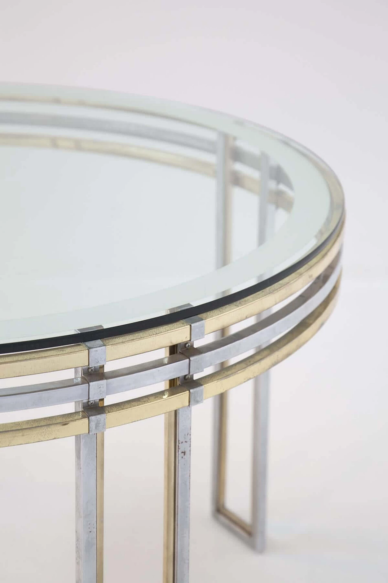 Romeo Rega's round dining table in brass, steel and decorated glass, 1970s 1382591