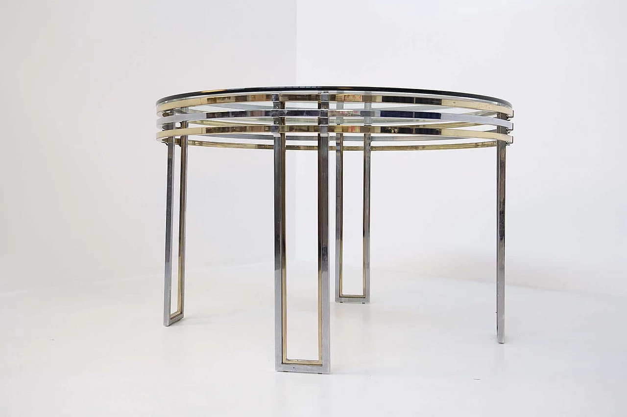 Romeo Rega's round dining table in brass, steel and decorated glass, 1970s 1382592