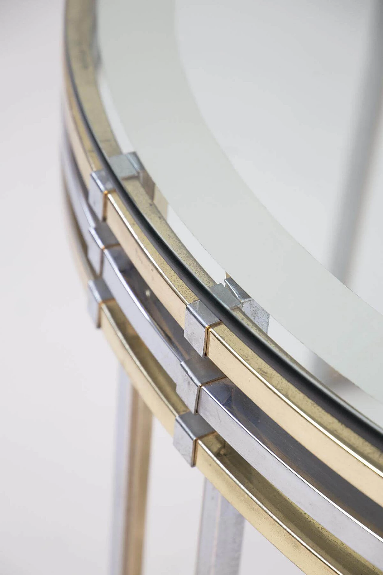Romeo Rega's round dining table in brass, steel and decorated glass, 1970s 1382594