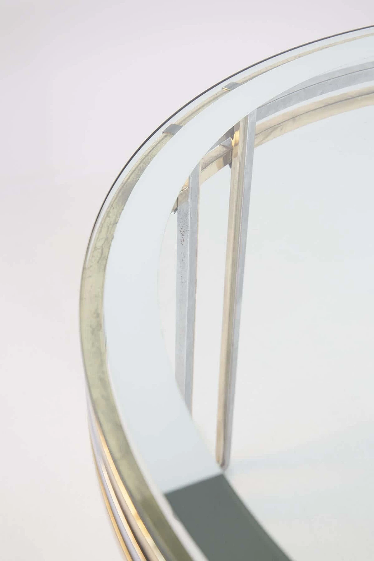 Romeo Rega's round dining table in brass, steel and decorated glass, 1970s 1382595