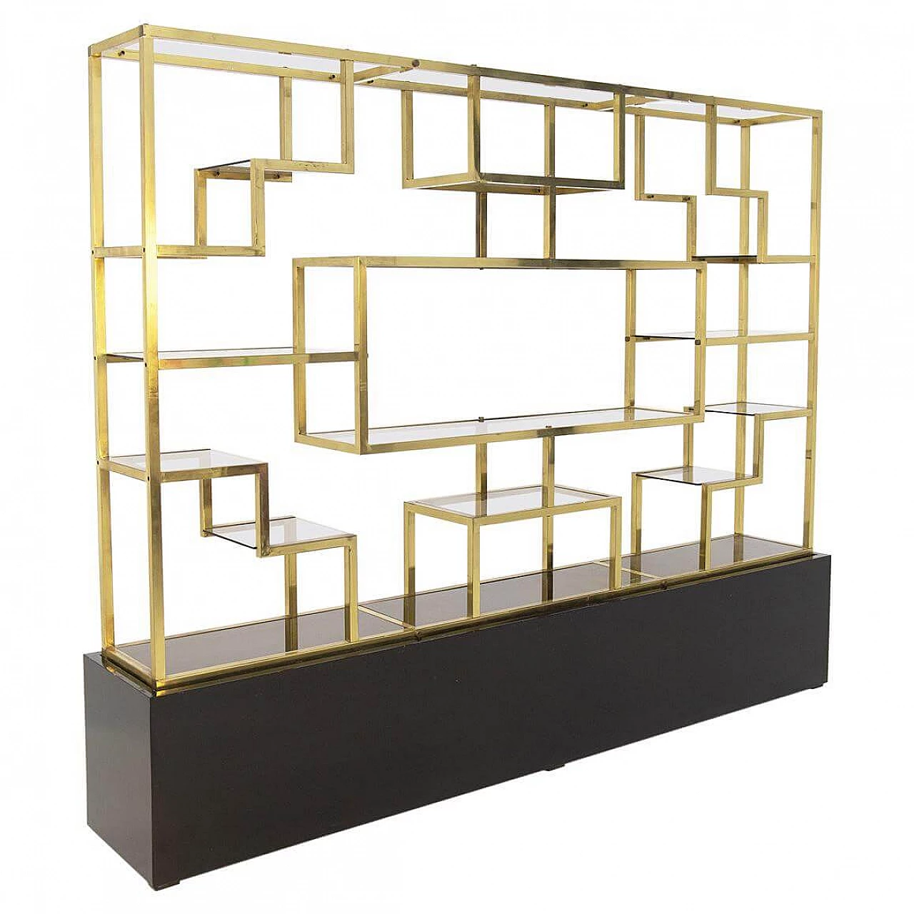 Bookcase with brass frame, smoked glass and wood by Romeo Rega, 1970s 1382610