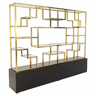 Bookcase with brass frame, smoked glass and wood by Romeo Rega, 1970s