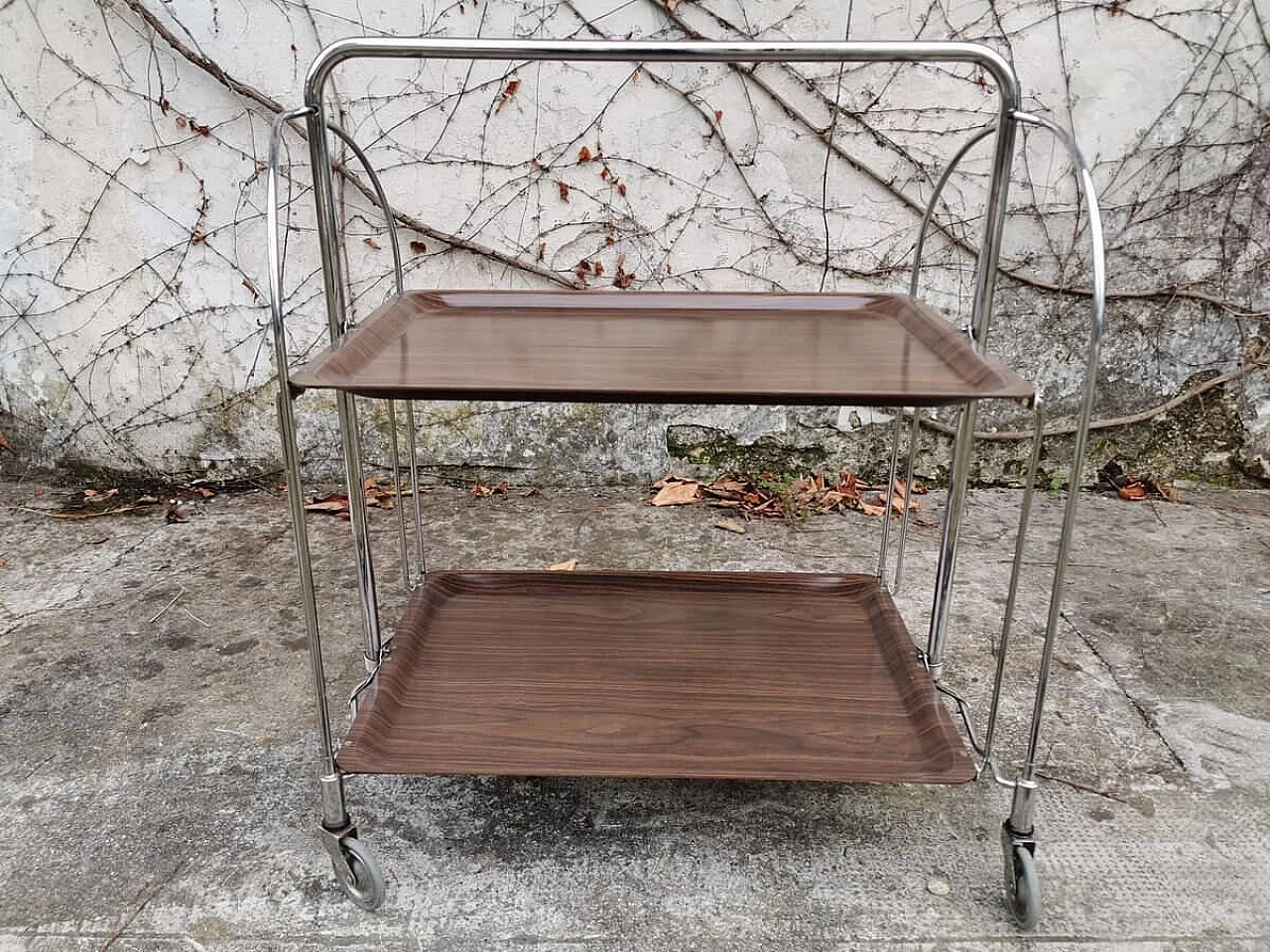 Folding trolley with 2 shelves in metal and plastic, 70s 1382713