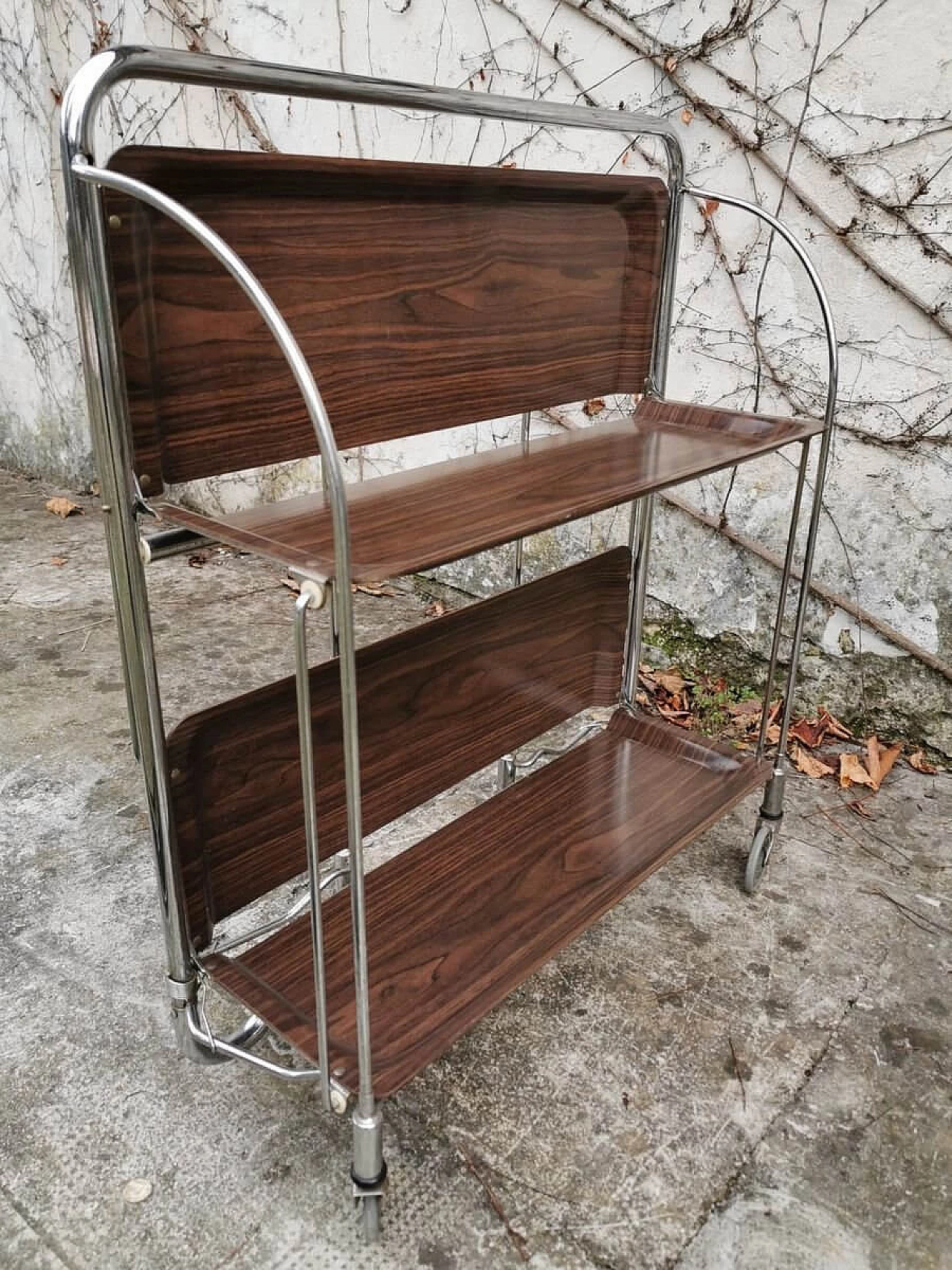 Folding trolley with 2 shelves in metal and plastic, 70s 1382716