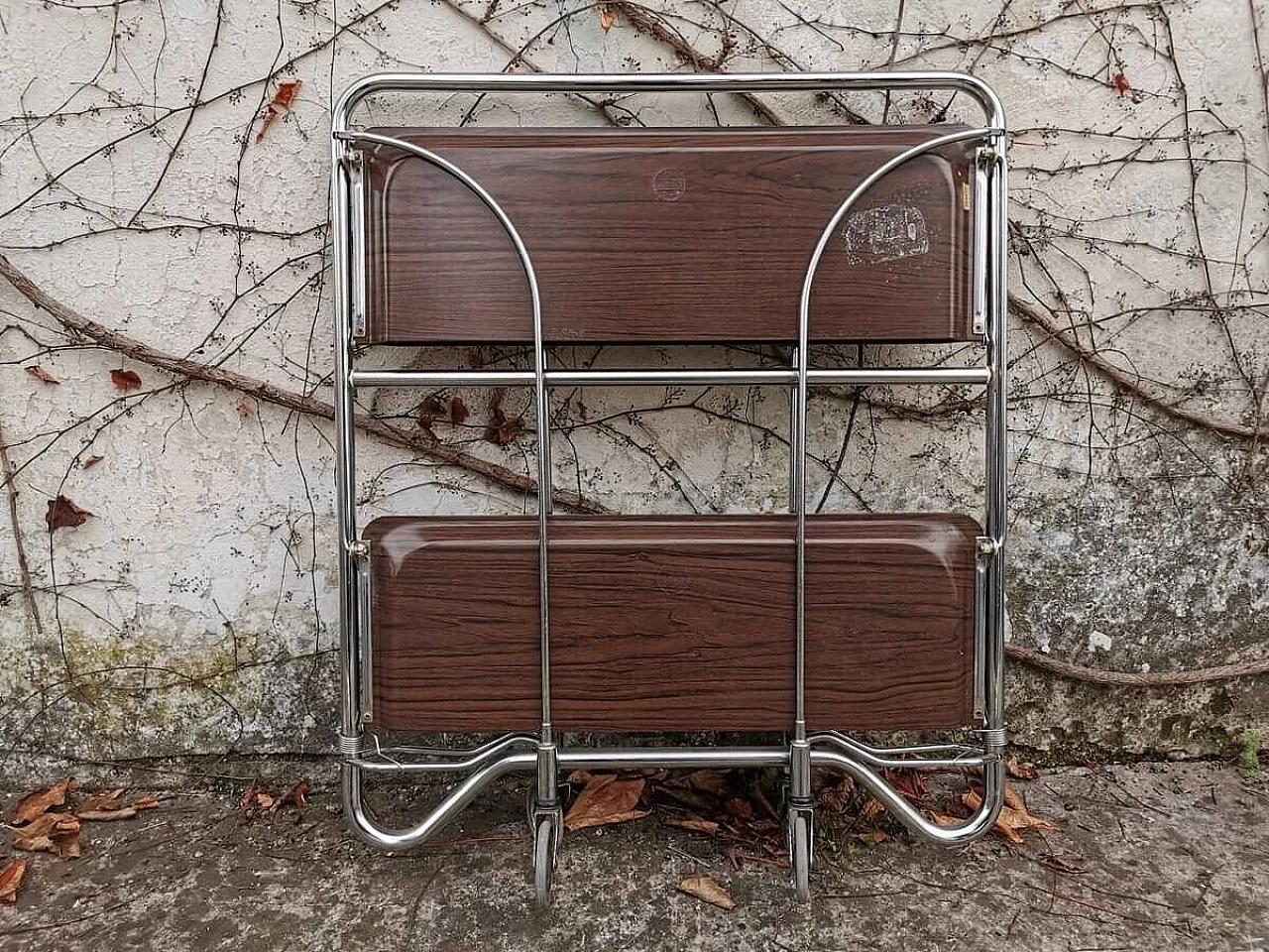 Folding trolley with 2 shelves in metal and plastic, 70s 1382720