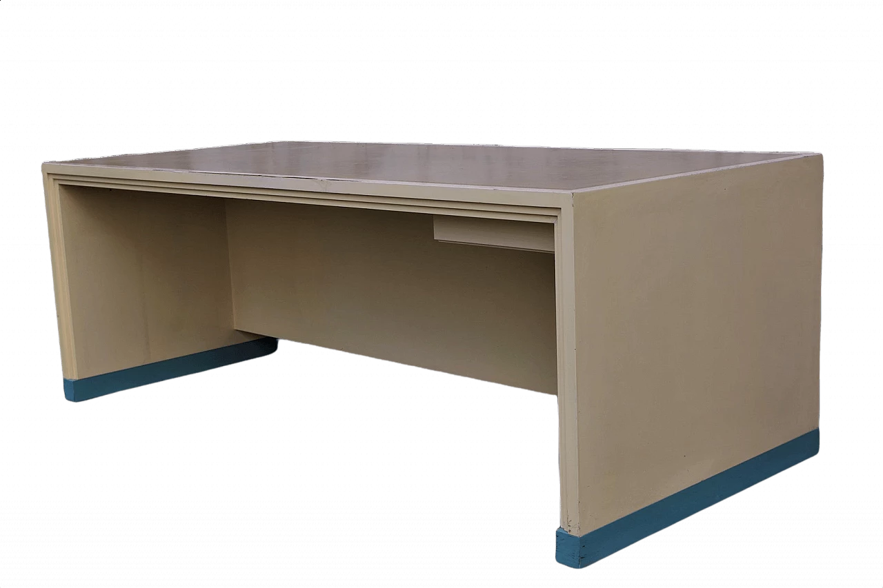 Tavolo da studio medico in legno tamburato con piano in pelle, anni '70 1382820