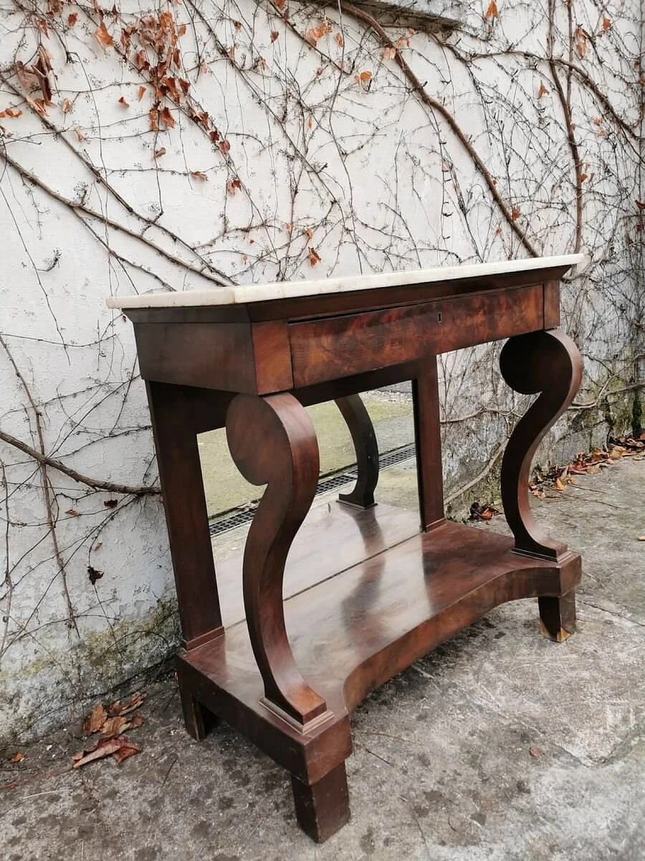 Console in burl walnut with marble top and mirror, 19th century 1382878