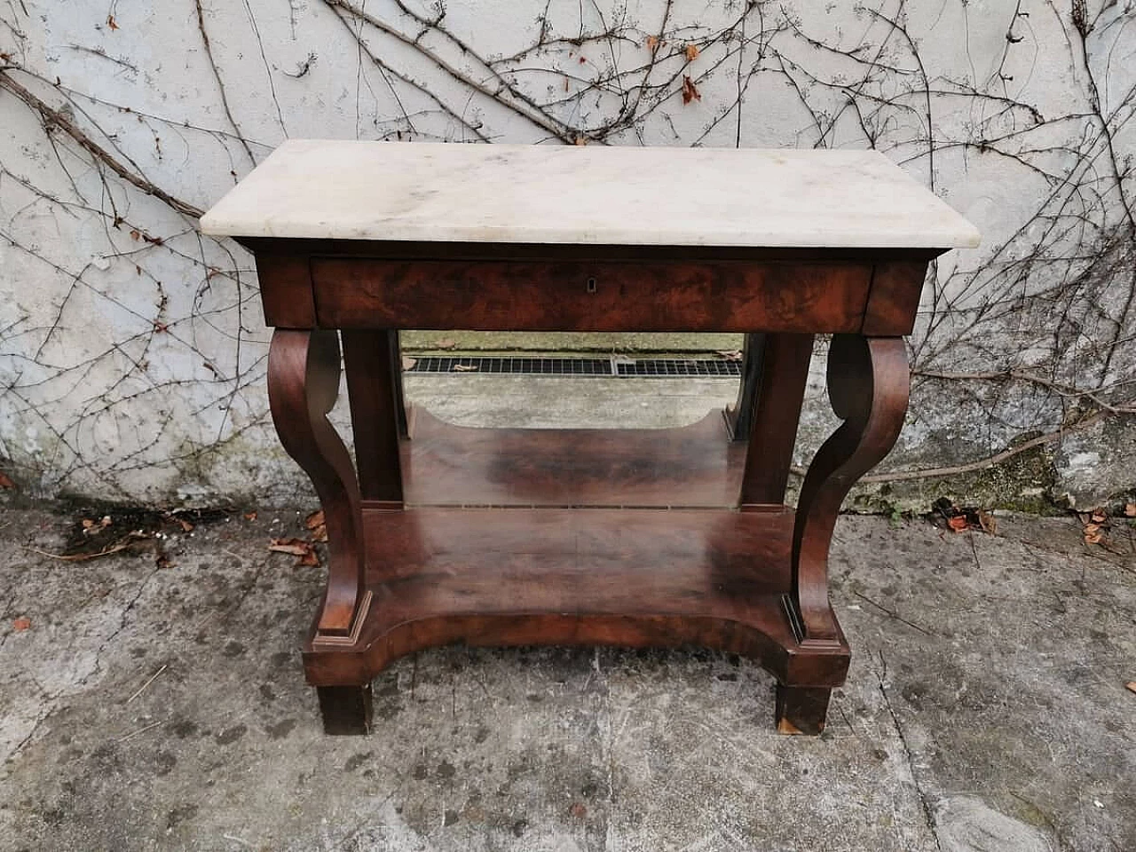 Console in burl walnut with marble top and mirror, 19th century 1382879