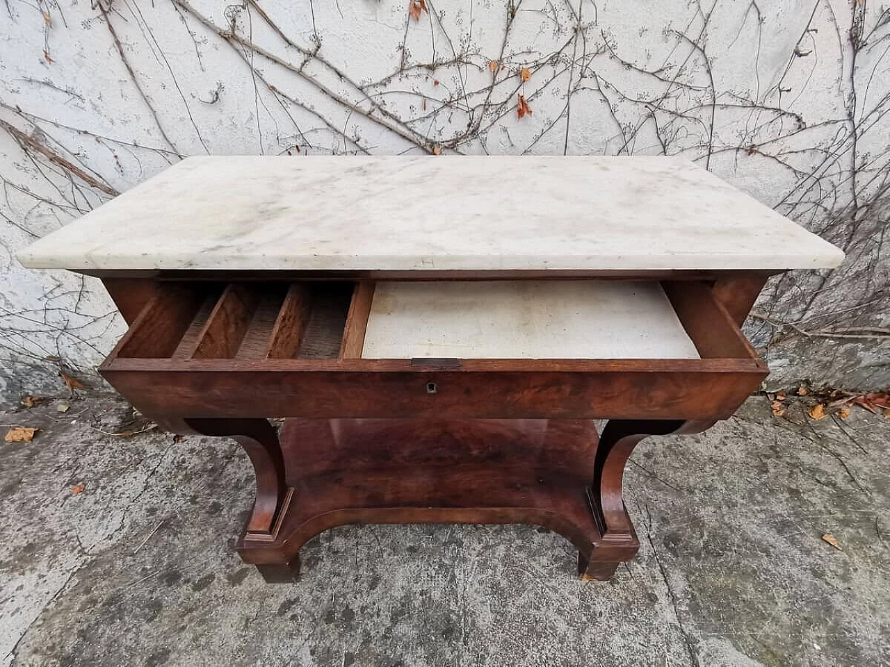 Console in burl walnut with marble top and mirror, 19th century 1382880