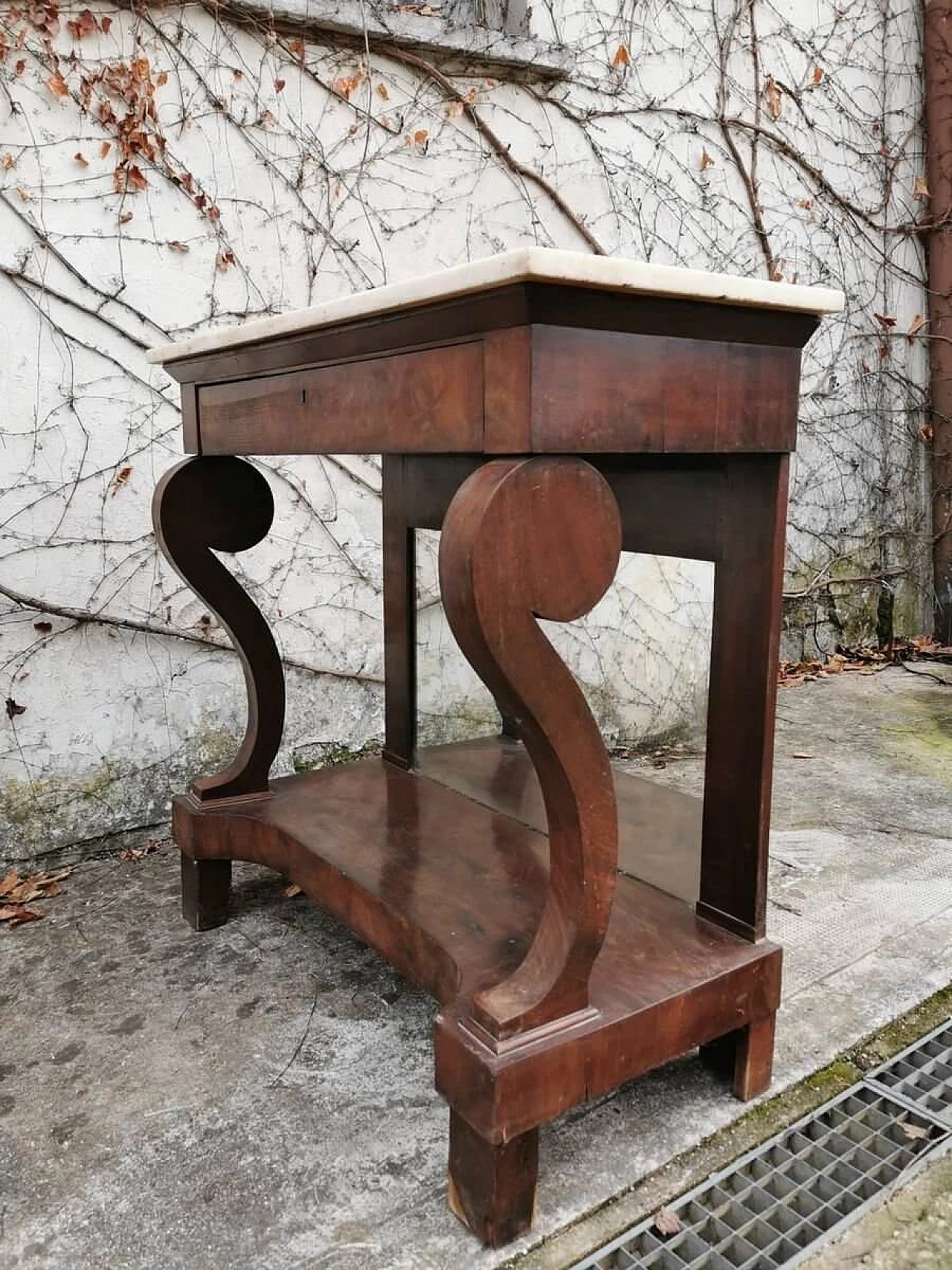 Console in burl walnut with marble top and mirror, 19th century 1382883