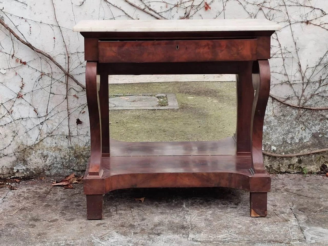 Console in burl walnut with marble top and mirror, 19th century 1382885