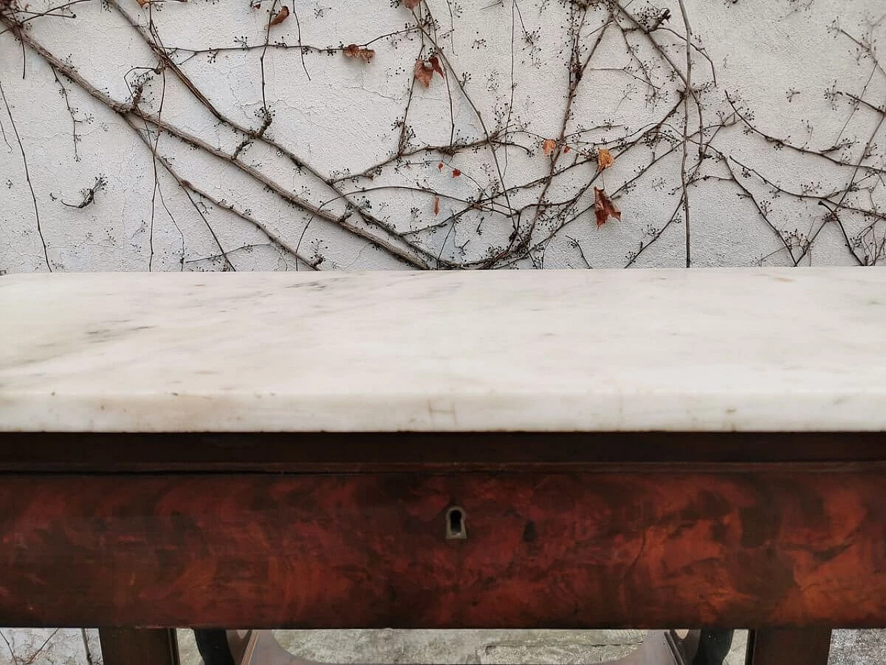 Console in burl walnut with marble top and mirror, 19th century 1382886